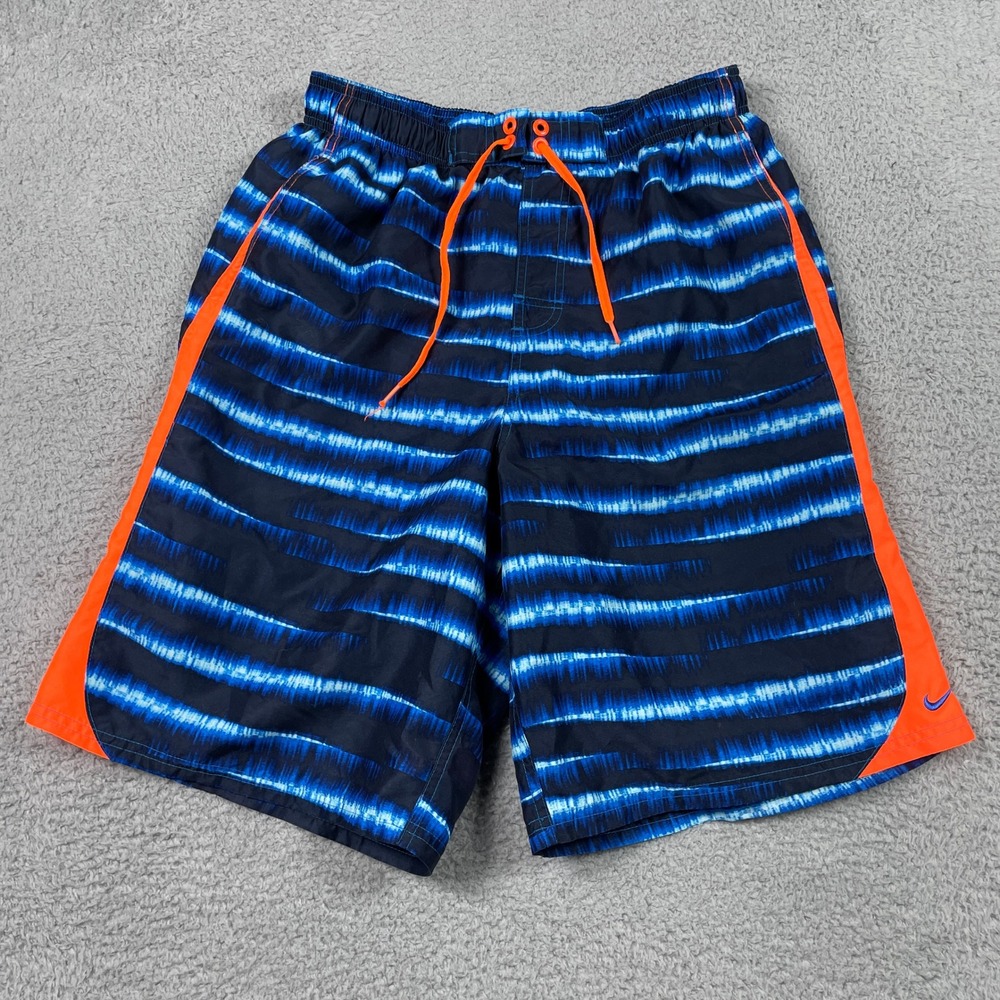 Nike Swim Trunks Mens Large Blue Orange Tie Dye Stripe Board Shorts Mesh Lined